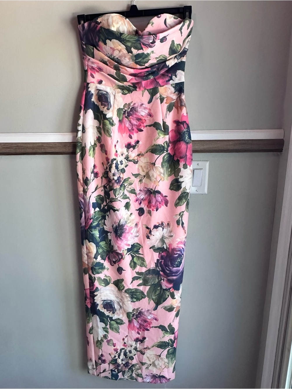 Black Halo Leonora Floral Print Strapless Gown Apricot Carnat